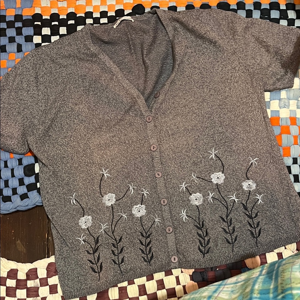 Gray Floral Embroidered Cardigan